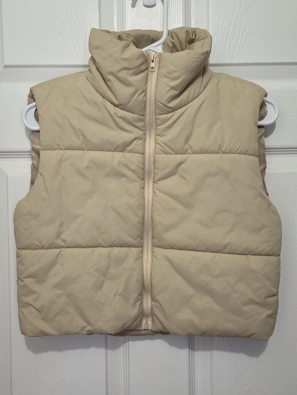 Women Tan Cropped Zip Up Puffer Quilted Vest Beige Stand Collar Khaki Size XS